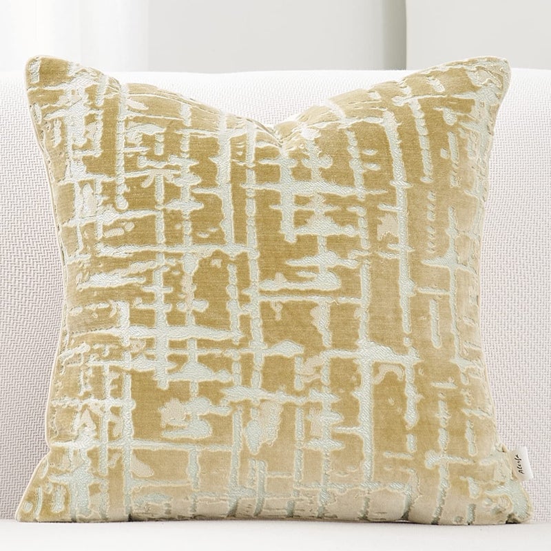 Alerfa Square Geometrical Plaid Striped Cut Velvet Throw Pillow Cover 18x18 Inch Luxury Modern Decorative Accent Pillow Cover for Couch Living Room Bedroom, Beige - Image 1